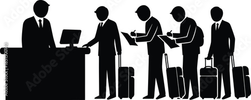 Queue of Business Travelers Waiting at Airport Check in Counter Silhouette Vector