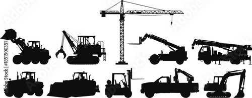 Heavy construction equipment silhouettes vector pack, diverse industrial machinery collection including crane, excavator, bulldozer, forklift, and backhoe on white background.