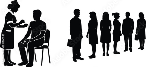 Vaccination Queue Silhouette Nurse Giving Injection to Patient Line of People Waiting for Immunization Vector