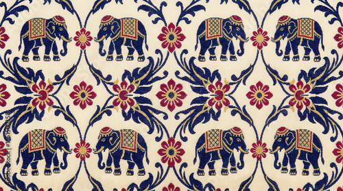 Ornate traditional Indian style blue elephant pattern with red flowers on cream woven fabric