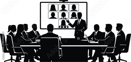 Black and white vector silhouette of a hybrid business meeting and video conference presentation