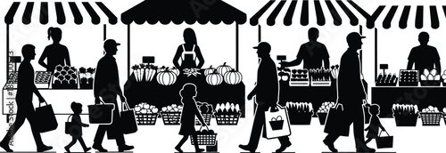 Busy Farmers Market Black Silhouette Vector Illustration People Shopping and Vendors Selling Fresh Produce Under Striped Awnings