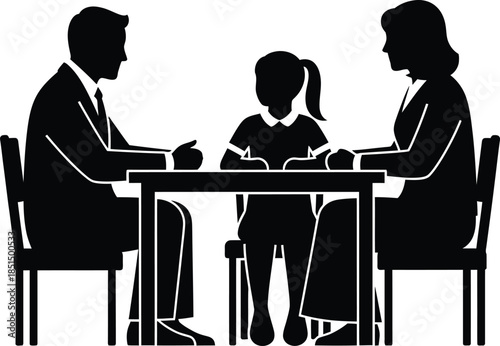 Parents and child sitting at table for consultation meeting black silhouette vector icon
