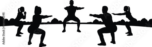 Group Exercise Silhouette Doing Squats Workout Training Fitness Vector Illustration