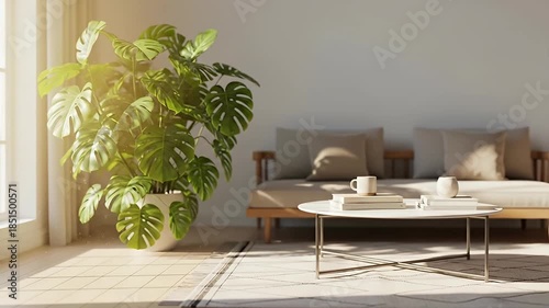 A beautifully lit modern living room interior features a large potted plant, a minimalist coffee table with books and mugs, and a comfortable sofa. Warm sunlight streams through a window, casting gent