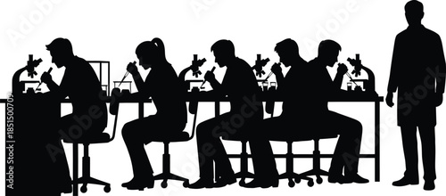Laboratory Research Group Working with Microscopes Silhouette Black and White Vector