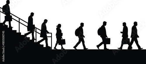Black silhouettes of diverse workers descending staircase and walking concept of business movement or rush hour