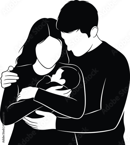 New Parents Holding Newborn Baby Black and White Silhouette Vector Illustration