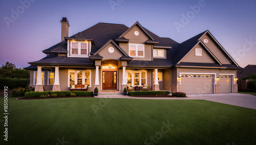 Large suburban home with porch and garage at dusk