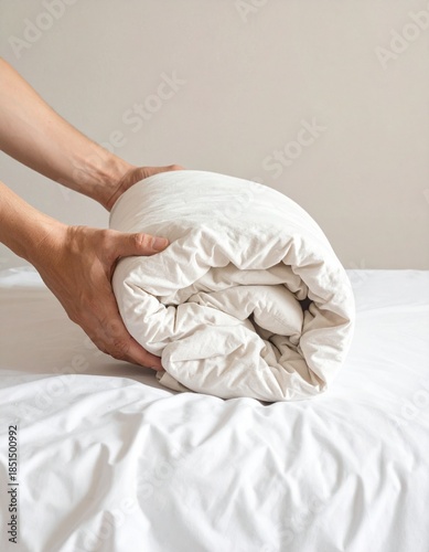 マットで柔らかな色調の背景の中、ベッドに毛布を丁寧に掛ける手元のクローズアップ映像。
穏やかな自然光が布の質感と手の動きをやさしく照らす。
介護、医療、在宅ケアにおける快適さと配慮を表現。