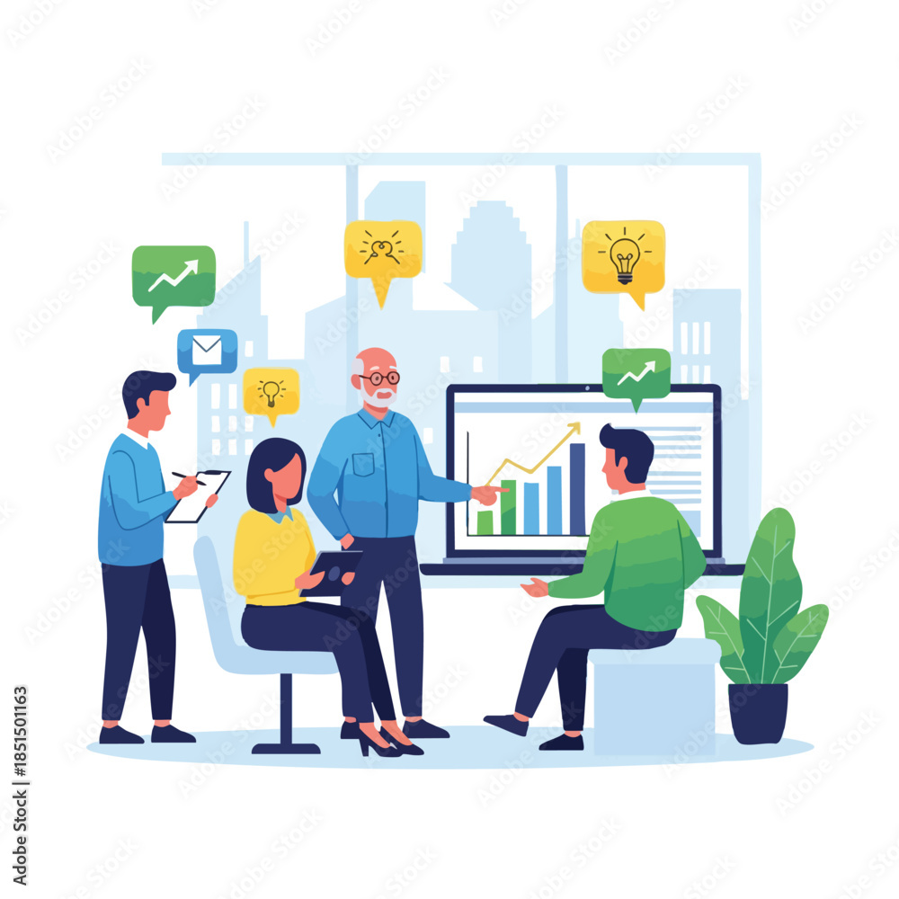 Fototapeta premium Team in an office environment analyzing a business growth chart on a laptop