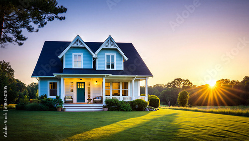 Beautiful blue house with white trim at sunset