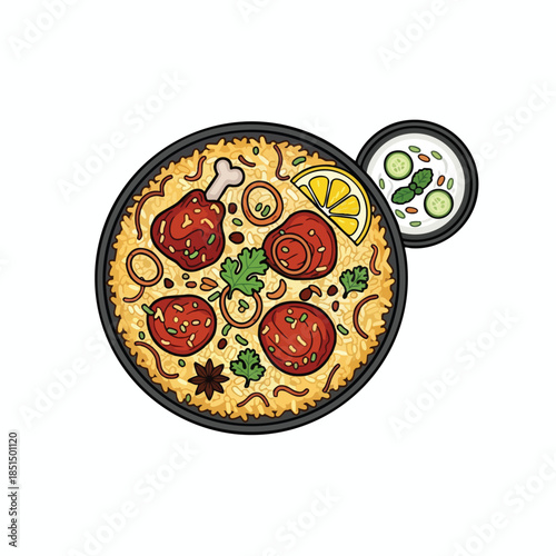 A colorful, cartoonish rendering of Biryani with raita