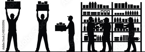 Logistic workers stocking store shelves vector silhouette set Retail inventory management and heavy lifting black graphic icons
