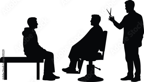 Black Silhouette Vector of Barber Cutting Hair and Customers Waiting Barbershop Scene