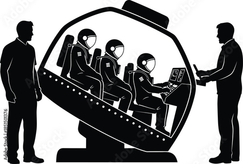 Astronauts in Space Flight Simulator with Supervisor Staff Black and White Silhouette Vector