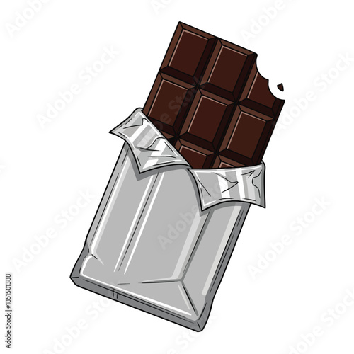 A partly eaten bar of dark chocolate, emerging from its silver wrapper