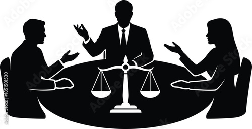 Black Silhouette Vector of Legal Mediation Meeting with Judge, Clients, and Justice Scales on Table
