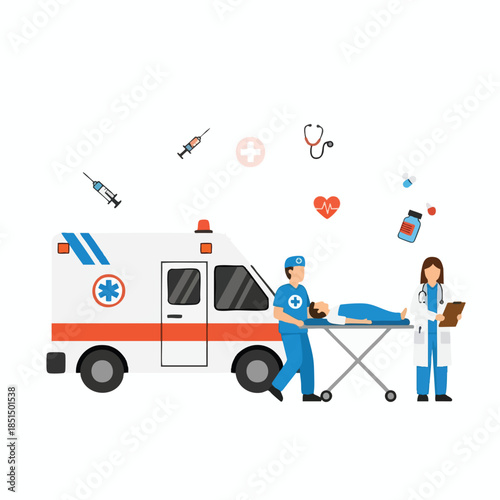 Illustration of a medical scene Ambulance, staff, patient on stretcher, and medical icons