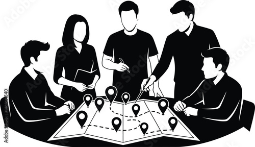 Business Team Planning Strategy on Map with Location Pins Black and White Vector Illustration