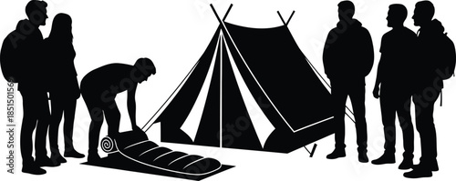 Campers setting up camp with tent and sleeping bag group outdoor adventure black silhouette vector illustration