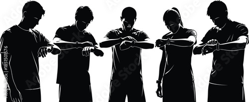 Five People Checking Wristwatches or Fitness Trackers Silhouette Vector Illustration for Time Management and Sports