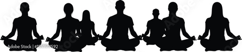 Group of people meditating in lotus pose silhouettes vector graphic illustration black and white