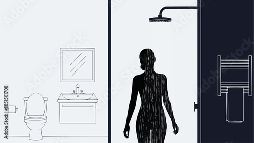 Silhouette of a woman standing in a shower with a towel rack.