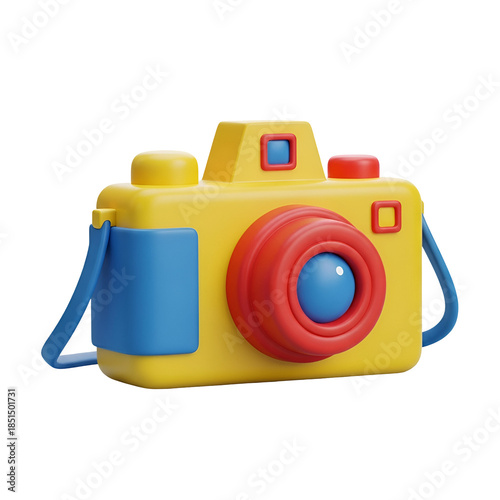 A colorful toy camera with a yellow body, blue strap, and red accents on a clean white background.
