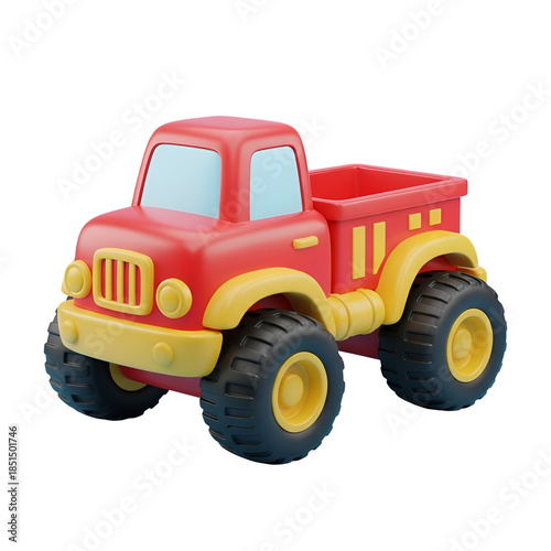 Red toy truck with yellow accents and large black wheels on a clean white background.