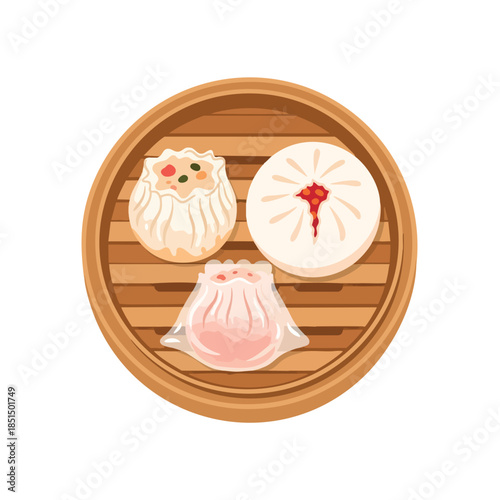 A steamer basket holds three different types of dumplings