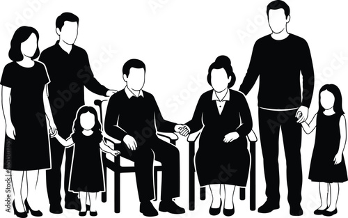 Multi-generational family portrait silhouette parents grandparents and children standing together monochrome vector illustration