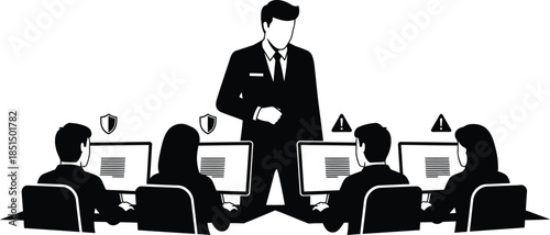Manager overseeing security training with employees at computers contrasting protected systems with risk warnings black and white vector