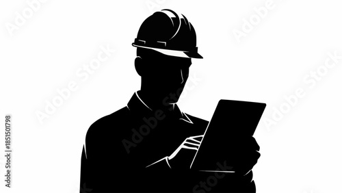 Silhouette of a construction worker using a tablet computer.