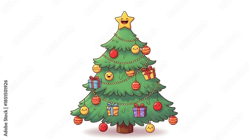 Naklejka premium Cute cartoon christmas tree with emoji ornaments