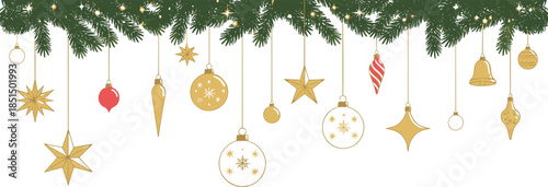 Christmas pine garland border with hanging gold ornaments stars and baubles, elegant festive holiday decoration isolated on white background