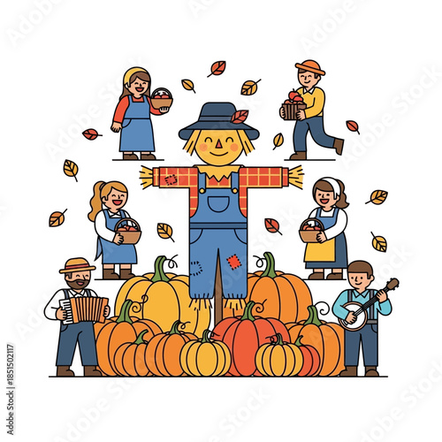 Happy scarecrow surrounded by people harvesting pumpkins in autumn