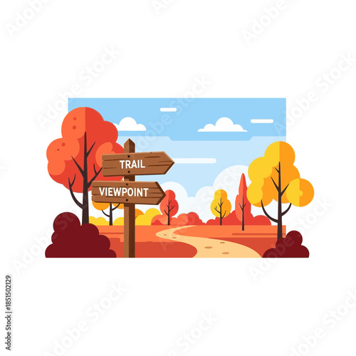 Autumn trail and viewpoint signpost in colorful landscape
