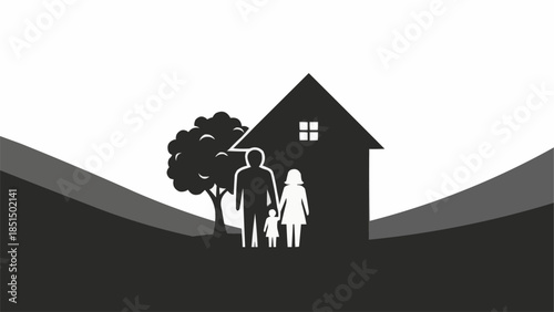 Family Silhouette Standing Outside Their Home With A Tree.