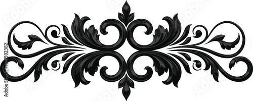 Elegant black baroque ornamental divider with symmetrical acanthus scrollwork, luxury decorative flourish element isolated on white background design