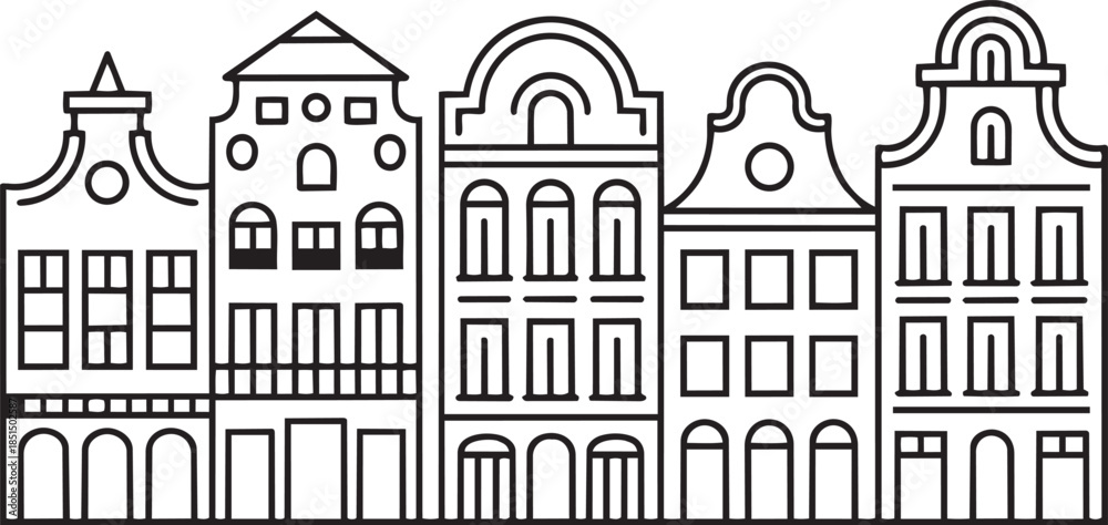 Naklejka premium European Old Town Buildings Architecture Outline Vector