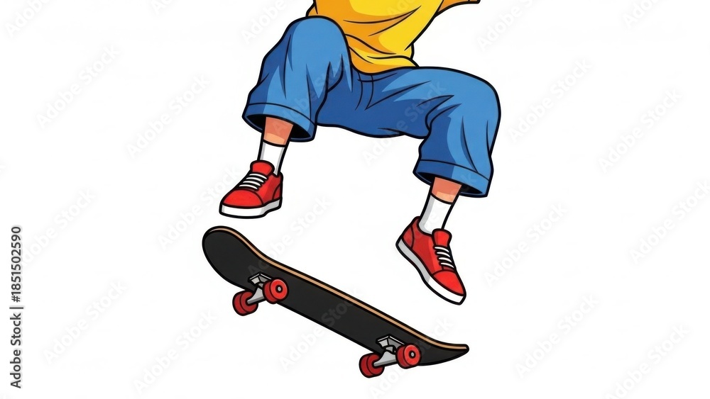 Obraz premium Dynamic cartoon illustration depicting an athletic individual performing an aerial skateboard
