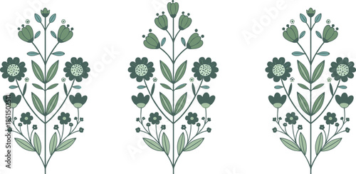Minimal folk floral motifs set with symmetrical botanical flowers and leaves, Scandinavian inspired decorative plant illustrations isolated on white background