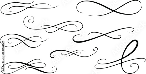 Decorative calligraphic flourish dividers set with elegant flowing curves, ornamental black line elements isolated on white background