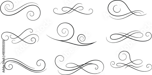 Decorative swirl flourish elements set with elegant calligraphic curves, ornamental black line dividers isolated on white background