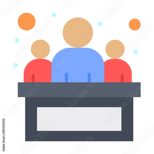 Meeting and Presentation Icon: Minimalist graphic of a presenter at a podium addressing an audience, symbolizing communication, speech, and professional interaction.