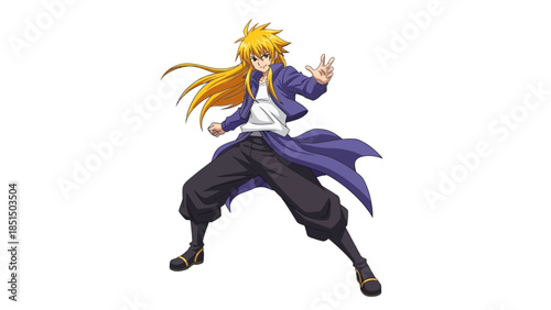 Dynamic anime character with long blonde hair in action pose