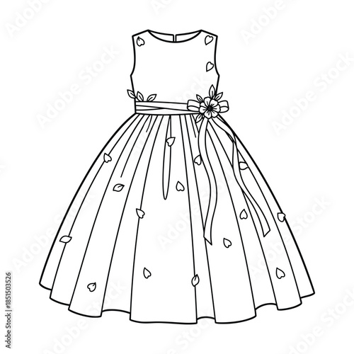 Black and white illustration of a sleeveless dress with floral pattern
