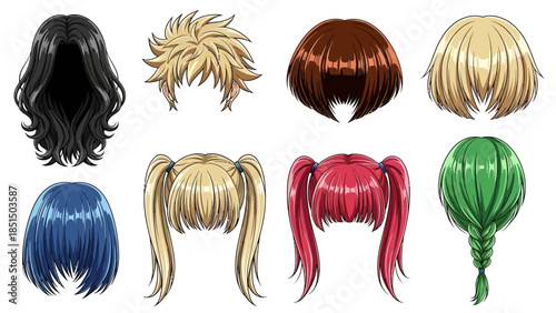 Vibrant anime style hair styles in various colors and textures