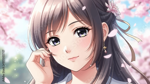 Anime girl with long hair and cherry blossoms in background